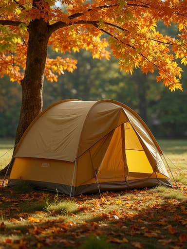 캠핑 텐트, 야외 장비, 캠핑 기어, 레크리에이션 장비, 고요하고 아늑한, 생동감 넘치는 가을 공원에 떨어진 잎들과 확산된 햇빛, 살짝 보이는 잔디.