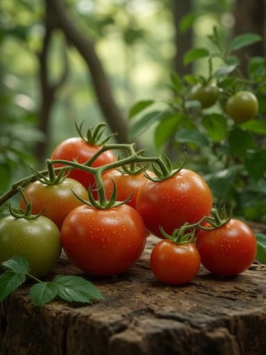 체리 토마토, 농산물, 음식, 식료품, 신선하고 고요하며 자연스러운, 숲 속의 부드러운 확산된 햇빛 속의 소박한 나무 표면, 식물 요소.
