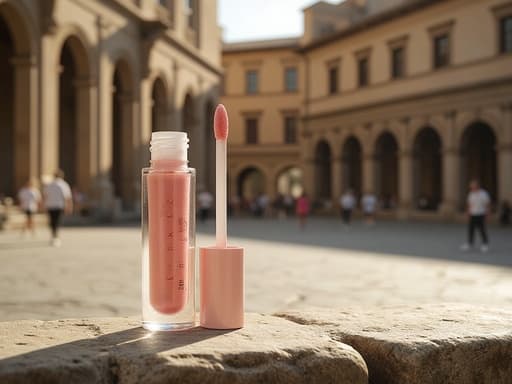 립글로스, 화장품, 뷰티 제품, 개인 관리, 따뜻하고 활기차며 우아한, 이탈리아 광장의 텍스처가 있는 돌 벤치, 따뜻한 오후 햇살, 흐릿한 역사적 건축물, 약간의 인파 움직임.