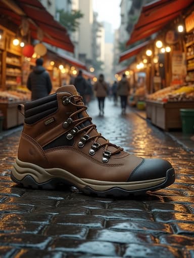 하이킹 부츠, 신발, 의류, 의상, 따뜻하고 활기찬, 저녁 거리 시장의 배경, 다채로운 상인 가판대와 분주한 보행자 활동.