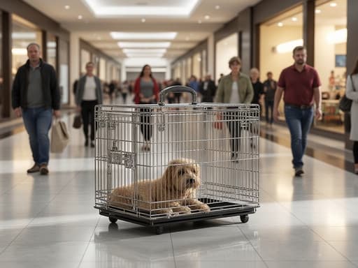 휴대용 애완동물 케이지, 애완동물 용품, 케이지 및 크레이트, 애완동물 액세서리, 활기차고 분주하며 생동감 넘치는, 붐비는 쇼핑몰, 사람들이 바쁘게 움직이며 다양한 인파, 흐릿한 움직임, 광택 있는 타일 바닥.