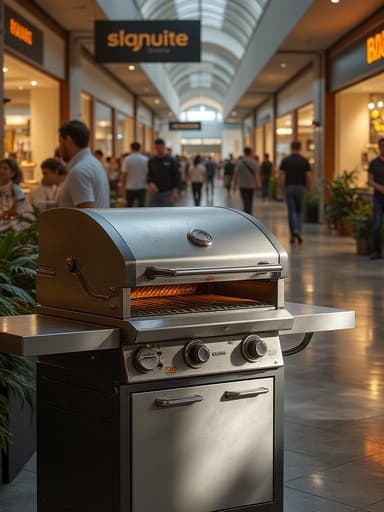 야외 그릴, 그릴, 야외 장비, 가전 제품, 역동적인 분위기, 분주한 쇼핑몰, 실내 조명 반사, 광택 있는 바닥, 흐릿한 군중의 움직임.