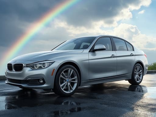 세단, 차량, 자동차, 교통수단, 평화롭고 생생하며 비 온 뒤의 신선함, 머리 위의 무지개, 부분적으로 흐린 하늘, 젖은 아스팔트, 흩어진 빗방울.