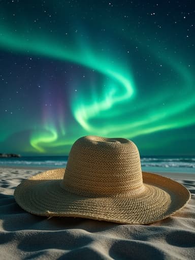 넓은 챙의 해변 모자, 의류, 액세서리, 머리 장식, 평온하고 비현실적인, 모래 표면, 별이 빛나는 밤하늘의 오로라가 빛나며, 생생한 녹색과 보라색 색조.