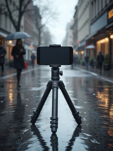 스마트폰 삼각대, 삼각대, 사진 장비, 카메라 액세서리, 안개 낀, 분위기 있는, 부드러운 조명, 비에 젖은 도시 거리, 반사된 젖은 포장도로, 우산을 쓴 보행자, 흐린 하늘.