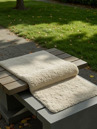 벤치, 가구, 야외 가구, 좌석, 고요하고 자연스러운 현실, 도시 공원 벤치와 나무 사이로 스며드는 햇빛, 잔디와 떨어진 잎에 둘러싸여.