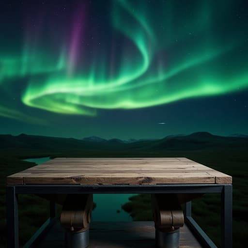 작업대, 가구, 홈 인테리어, 홈 개선, 신비롭고 평화로운 오로라가 비치는 밤하늘, 강렬한 녹색과 보라색 색조, 별이 빛나는.