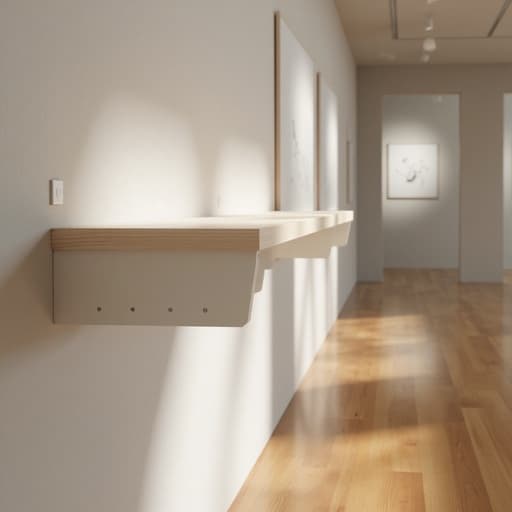 벽걸이 선반, 가구, 홈 데코, 수납 솔루션, 현대적이고 세련되며 정교한, 현대 미술관 벽에 약간 흐릿한 현대 미술 작품.