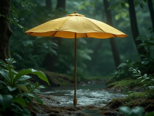 해변 우산, 야외 장비, 해변 액세서리, 차분하고 상쾌한, 고요하고 자연스러운, 울창한 숲 배경, 반짝이는 촉촉한 잎, 안개 낀 환경 조명, 축축한 흙, 흐린 하늘.