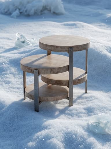 부드러운 나무 질감의 작은 테이블, 가구, 홈 데코, 홈 퍼니싱, 고요하고 맑고 우아한, 얼음 같은 겨울 장식, 반짝이는 서리, 반투명 얼음 조각, 부드러운 햇빛.