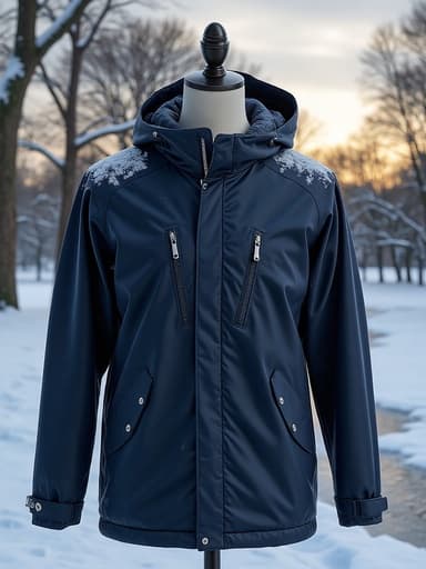 비옷, 의류, 아우터웨어, 의복, 고요하고 겨울의 평온함, 눈 덮인 공원, 흐릿한 나무와 얼음 길, 부드럽게 떨어지는 눈송이.