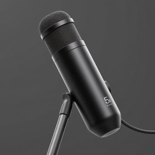 마이크, 오디오 장비, 녹음 장비, 악기, 전문적이고 세련된, 모노크롬 회색 배경.