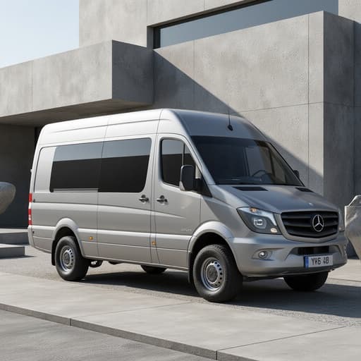 캠퍼밴, 차량, 자동차, 교통수단, 현대적이고 세련된, 현대 조각과 콘크리트 포장도로가 있는 현대 미술관 배경.