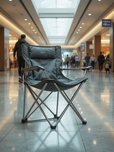 캠핑 의자, 가구, 야외 장비, 역동적이고 상호작용이 있는 현실적이고 분위기 있는, 광택 나는 타일 바닥과 쇼핑객들이 흩어져 있는 활기찬 쇼핑몰.