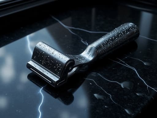 면도기, 개인 관리, 그루밍, 면도 도구, 극적이고 강렬한 고대비, 광택 있는 검은 욕실 카운터탑, 창을 통해 비치는 번개.