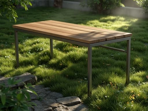 벤치, 야외 가구, 가구, 홈 앤 가든, 신선하고 고요한 자연, 이슬이 맺힌 정원, 소박한 돌길, 푸른 잔디, 나뭇잎 사이로 스며드는 이른 아침 햇살.