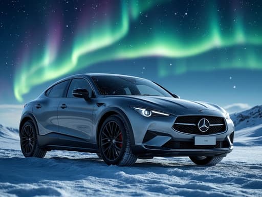 SUV, 차량, 자동차, 교통수단, 평온하고 장엄한 자연의 아름다움, 눈 덮인 풍경, 별이 빛나는 밤하늘, 초록, 보라, 파랑의 색을 가진 생생한 오로라.