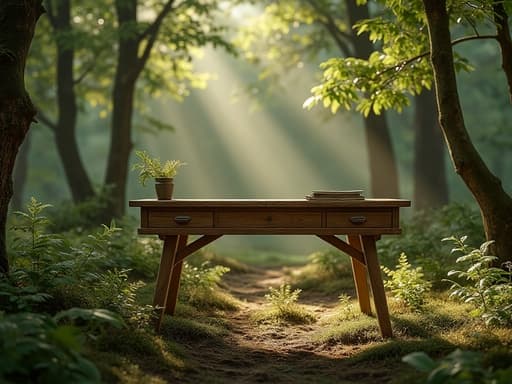 나무로 만든 서재 책상, 가구, 홈 오피스, 홈 장식, 자연 친화적이고 고요하며 평화로운 아침 숲 배경, 이슬 맺힌 잎들, 부드러운 햇살과 얼룩진 그림자가 안개 낀 분위기를 만들어냅니다.