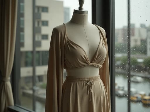 드레스, 의류, 패션, 우울하고 분위기 있는 자연, 비가 내린 창문, 흐릿한 도시 풍경이 반사적이고 내성적인 분위기를 만들어냅니다.