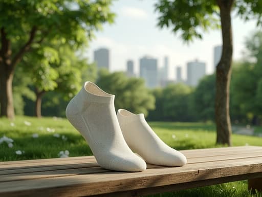 나무 벤치, 가구, 홈 데코, 좌석, 고요하고 편안하며 자연스러운, 현대적인 도시 공원, 푸르고 무성한 나무들, 도시 스카이라인.