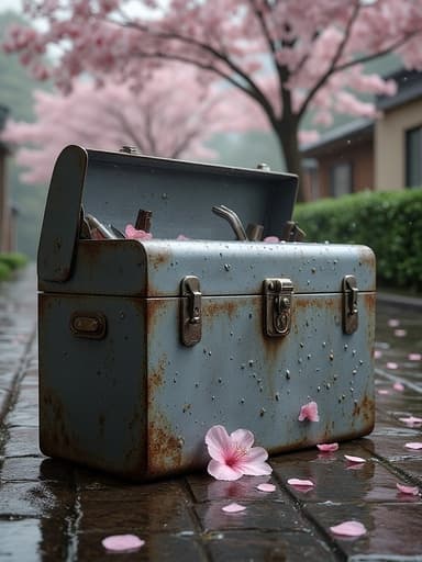 桜が咲く濡れた石畳の道 - 무료 다운로드 가능한 自然風景