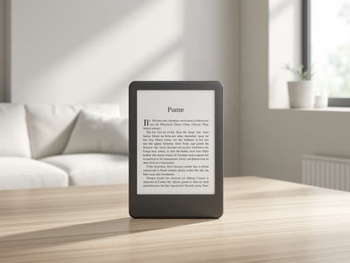 킨들, 전자 기기, 전자 책 리더기, 독서 기기, 평온하고 미니멀한, 밝은 나무 표면, 큰 창을 통한 간접 햇빛, 중립적인 톤의 미니멀한 방, 흰색 현대 가구, 부드러운 직물 질감.