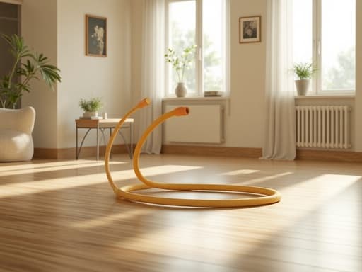 저항 밴드, 피트니스 장비, 운동 장비, 스포츠 장비, 밝고 통풍이 잘 되며 자연스러운, 광택 있는 나무 바닥, 넓은 창문을 통해 쏟아지는 밝은 햇살, 통풍이 잘 되고 넓은 방, 미니멀한 장식.