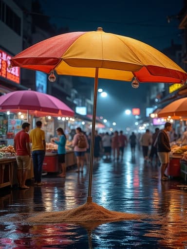 해변 우산, 야외 장비, 해변 액세서리, 활기차고 생동감 넘치는, 분주한 야시장 거리, 따뜻한 주변 빛, 빗물 웅덩이, 생동감 넘치는 네온 반사, 시장 노점, 활기찬 인파.