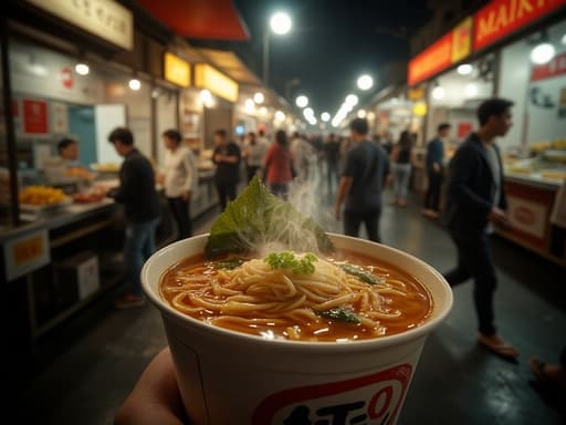 컵라면, 음식, 밀키트, 분위기 있는 깊이, 자연광, 어두운 야시장 거리, 따뜻한 주변 조명, 시장 가판대, 붐비는 인파, 그림자와 반사.