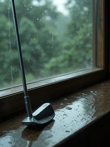 골프 클럽, 야외 스포츠, 스포츠 장비, 흐린 분위기, 자연광, 비에 젖은 창턱, 세밀한 빗방울이 흐르는 창문.