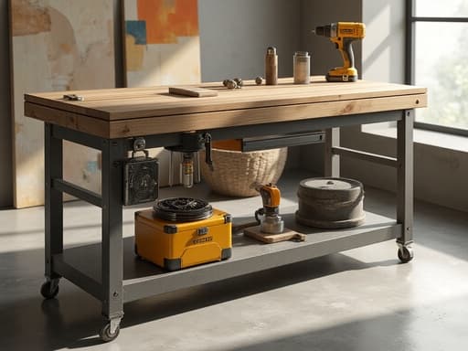 작업대, 도구, DIY, 세련된, 현대 미술 배경, 추상 형태, 섬세한 색상, 금속 프레임과 나무 상판의 작업대, 부드러운 그림자와 자연광.