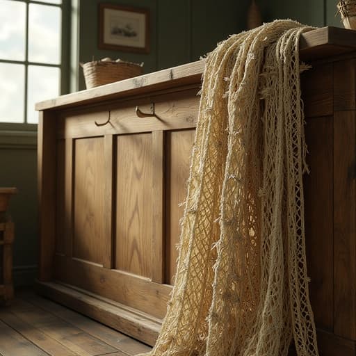 해변 그물, 야외 장비, 따뜻하고 향수를 불러일으키며 고요한, 빈티지 앤티크 상점 배경에 나무 카운터, 앤티크 황동 훅, 먼지 쌓인 창을 통한 확산된 햇빛.