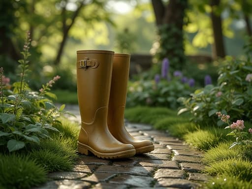 고무 부츠, 야외 패션, 신발, 고요하고 신선하며 자연스러운, 영국 정원 배경, 무성한 녹음, 자갈길, 부드러운 햇빛.