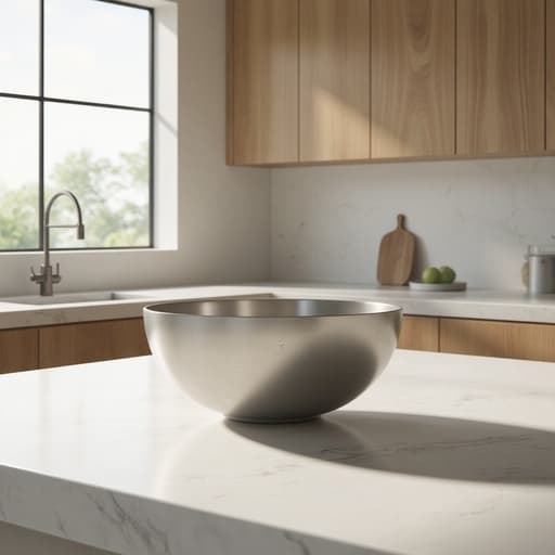 스테인리스 스틸 믹싱 볼, 주방용품, 온화하고 정돈된 분위기, 미니멀한 주방 조리대, 자연광, 따뜻한 나무와 흰 대리석의 대비.