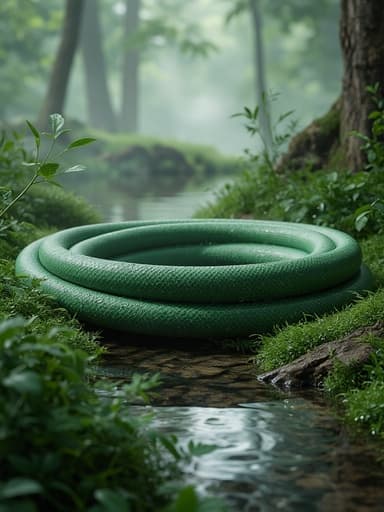 정원 호스, 야외 장비, 평화로운 분위기, 안개 낀 계곡, 부드러운 자연광, 흐릿한 배경.