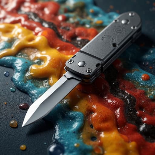 다용도 유틸리티 나이프, 도구, DIY, 절단, 높은 대비, 예술적 사실주의, 추상적인 화려한 배경, 복잡한 생동감 넘치는 색상.