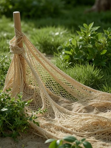 해변 그물, 야외 장비, 자연 섬유, 부드러운 햇빛, 부드러운 그림자, 사실적인 질감, 이른 아침 이슬이 맺힌 정원, 푸른 녹지.