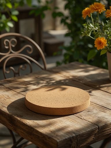 주방용 고리, 주방용품, 식기, 편안하고 캐주얼하며 진정한 아늑함, 프랑스 카페 테라스의 고풍스러운 나무 테이블, 점점이 비치는 햇빛, 철제 가구.