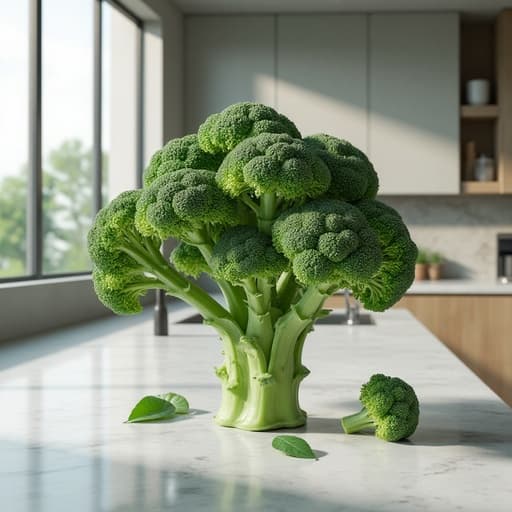 브로콜리, 음식, 밀키트, 신선하고 깨끗하며 현대적인, 현대 주방 배경, 세련된 대리석 조리대, 부드러운 자연광, 큰 창문.