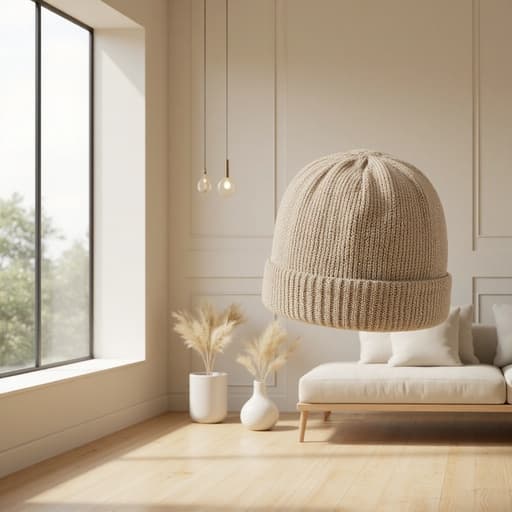 모자, 패션, 야외, 아늑하고 초대하는 느낌, 고요한, 스칸디나비아 스타일의 거실, 밝은 나무 바닥, 미니멀리스트 가구, 큰 창문에서 부드러운 자연광.