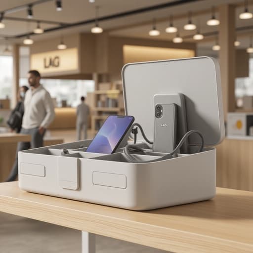 케이블 정리함, 전자제품, 저장소, 케이블 관리, 바쁘고 역동적이며 현대적인, 번화한 쇼핑몰의 소매 선반.