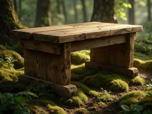 작업대, 가구, DIY, 도구, 고요하고 자연스러운 신선함, 평온한 숲 배경, 나무 사이로 비치는 아침 햇살, 이끼가 있는 바닥, 잔잔한 안개가 평화로운 분위기를 만들어냅니다.