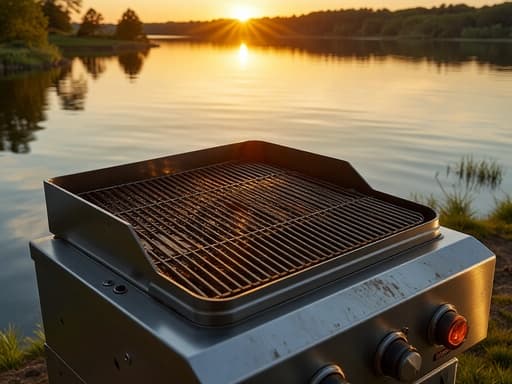 야외 그릴, 운동, 여가, 고요하고 따뜻한, 호숫가의 황금빛 석양, 반사하는 수면, 미세한 물결.