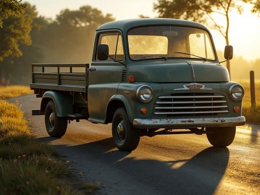 작은 트럭, 자동차, 차량, 운송, 따뜻하고 평화로운 늦은 오후, 고요한 농촌 도로에 주차, 아스팔트에 복잡한 그림자 놀이, 측면에서 비치는 황금빛.