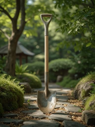 정원 삽, 야외 여가, 장비, 고요하고 평화로운, 전통 일본 정원 배경, 햇살이 흩어진 잎사귀 사이로 비치는 석재 길.