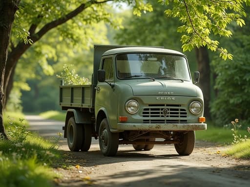 작은 트럭, 차량, 자동차, 운송, 활기차고 신선하며 사실적인, 봄의 잎사귀로 둘러싸여 있으며, 생기 넘치는 녹색 잎, 밝은 자연광, 온화한 날씨.