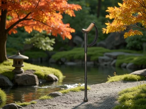 하이킹 폴, 야외 장비, 평화롭고 조화로운, 세심하게 갈아 놓은 자갈과 생생한 단풍 잎, 부드럽게 흐르는 시냇물이 있는 전통 일본 정원 배경.