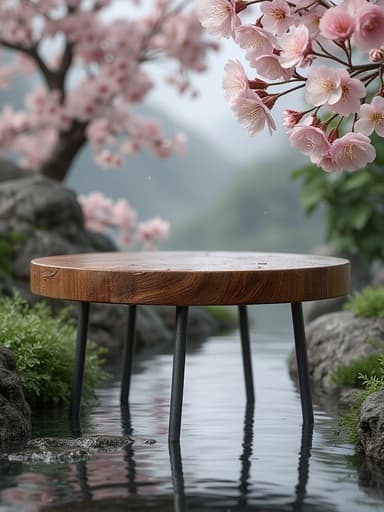 사이드 테이블, 가구, 홈 데코, 고요하고 평화로운, 신선한, 빗방울이 있는 벚꽃, 젖은 길, 흐린 하늘.