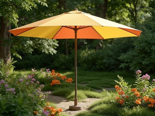 해변 우산, 야외 장비, 편안하고 여름 같은 분위기, 꽃이 만발한 정원, 무성한 잎사귀, 점점이 비치는 햇빛이 평화로운 분위기를 만들어냅니다.