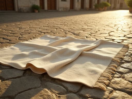 비치 타올, 야외 레저, 섬유, 편안하고 따뜻하며 우아한, 이탈리아 광장에서 따뜻한 돌 포장과 복잡한 돌 패턴을 배경으로.